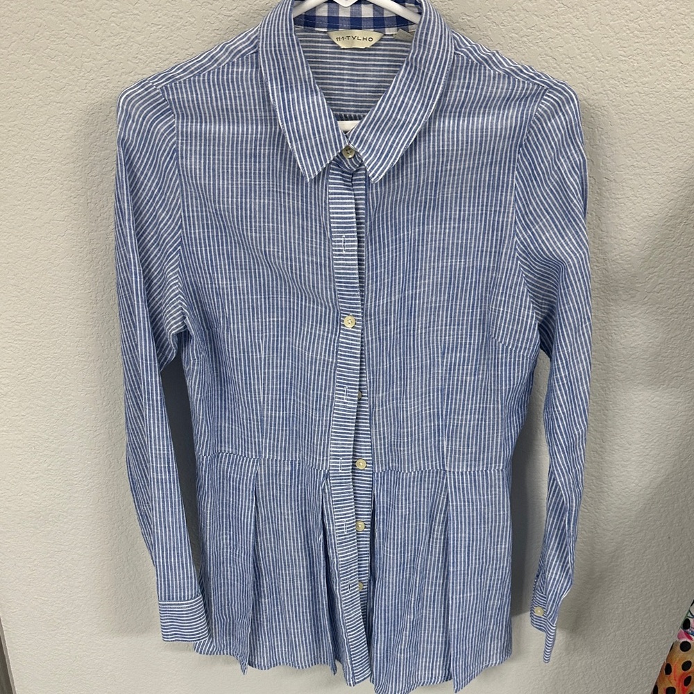 Anthropologie Blue and White Striped Button-Down Peplum Shirt